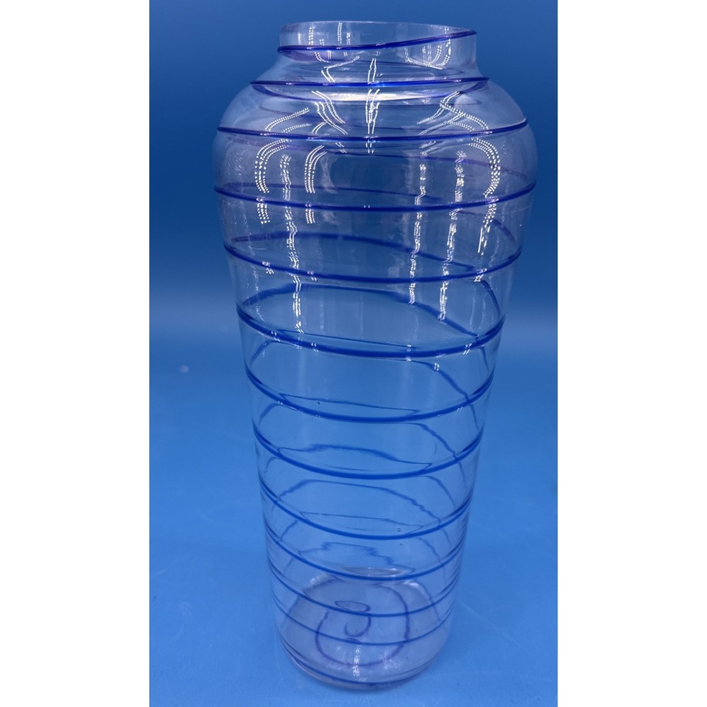 Vintage Hand Blown Art Glass Vase Clear Cobalt Blue Spiral Applied Thread 8.5"